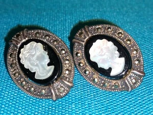 Vintage Sterling Silver Marcasite Earrings W/ Synthetic Cameo Centers - Picture 1 of 3