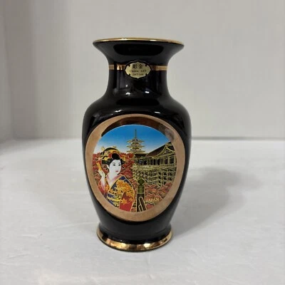 复古 Chokin Art 24kt 金花瓶日本亚洲东方黑色 GEISHA — 第 1/4 张图片