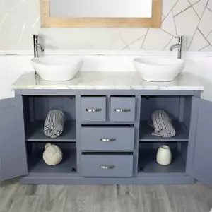 Grey Painted Bathroom Double Vanity Unit Cabinet White Marble Ceramic Basin Set - Picture 1 of 28