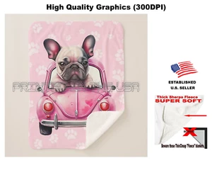 Baby French Bulldog Puppy Pink Car Girl Child Childrens Sherpa Fleece Blanket - Picture 1 of 6