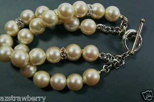 PULSERA CIERRE PALANCA DE DOS HILOS BLANCO PERLA FALSA CRISTAL CUENTAS PLATEADO TONO - Imagen 1 de 3