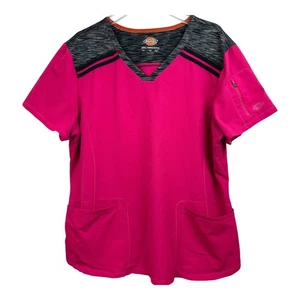 Dickies Scrub Top Size XXL 2XL Stretch Solid Pink Black Trim Has Pockets A4 - Picture 1 of 6
