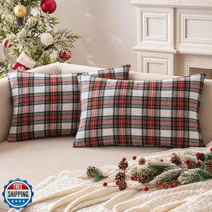MIULEE Christmas Set of 2 Scottish Tartan Plaid Lumbar Throw Pillow Covers Fa - Picture 1 of 5