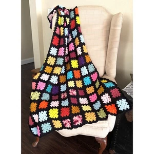 Vtg Granny Square Afghan Crochet Throw Handmade Rosanne Knit Colorful Blanket - Picture 1 of 3