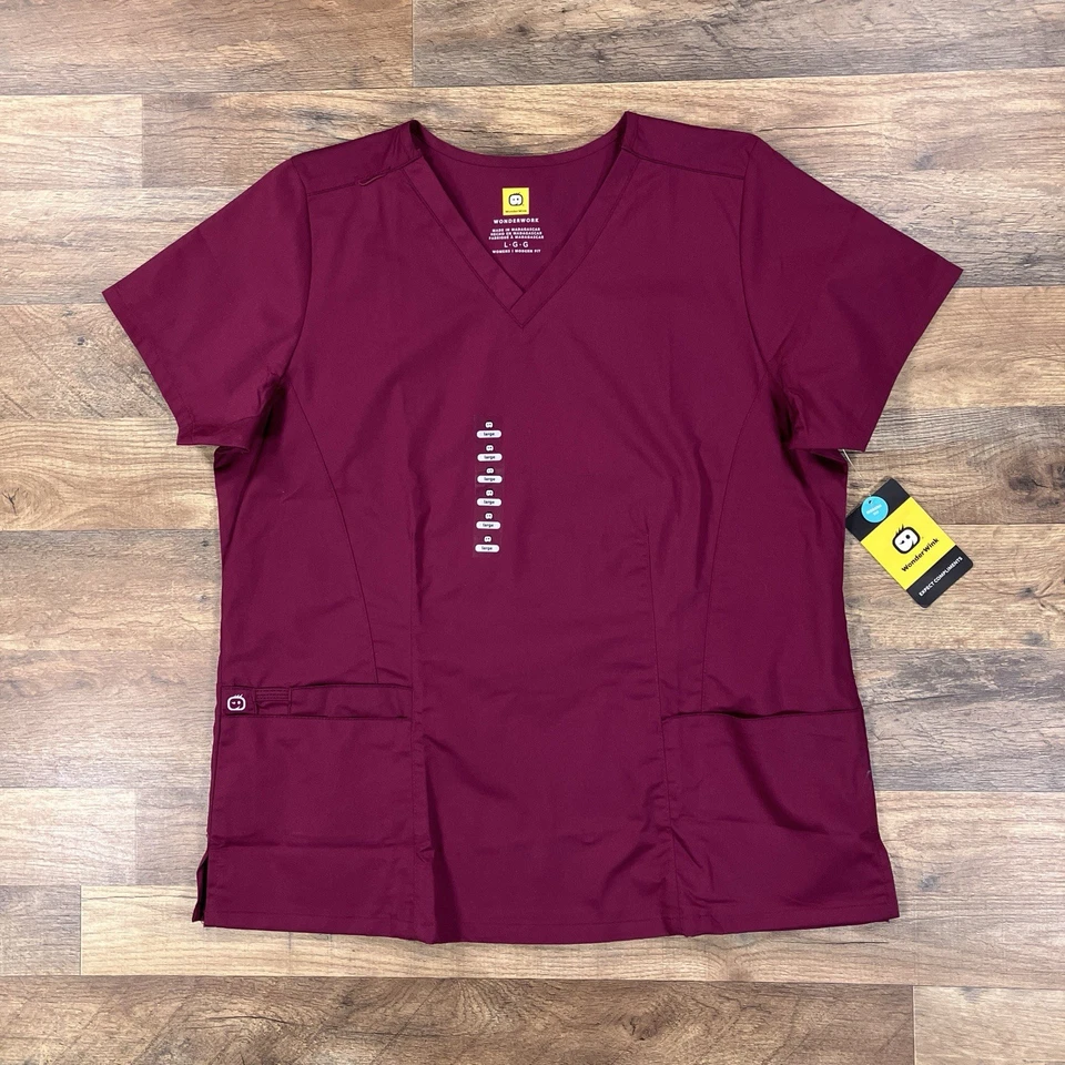 Wonderwink Scrub Top Womens Large Red Pocket V Neck Shirt Medical NEW - Image 1 of 4