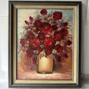 "Pintura al óleo original vintage flores rojas en florero firmado enmarcado 24,5""x20""" - Imagen 1 de 9