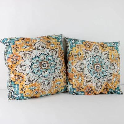 Set of 2 Boho Vintage Throw Pillow Cover Carpet 16" x 16" Short Plush Cotton - Image 1 of 4