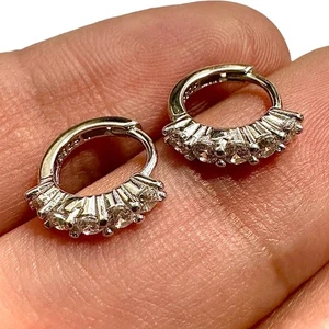 Sterling Silver 925 CZ Huggie Hoop Earrings Baguette & Round Cut Simulated Stone - Picture 1 of 9