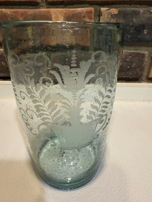 Jarrón antiguo de vidrio burbuja soplado a mano grabado Foto 1 de 4