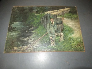 Antique Oil Painting Bavarian Woodsman Cabin Stream Signed - Picture 1 of 4