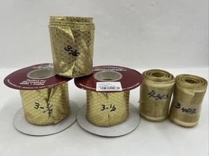 Gold Ribbon Lot Of 5 Partial Spools Of 2-1/2” Wired Woven And Mesh 17 Plus Yards - Picture 1 of 4