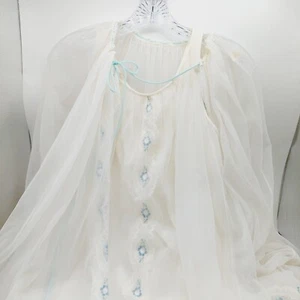 Vintage Miss Elaine Nachthemd Dessous transparent Morgenmantel Gr. Small weiß blau - Bild 1 von 14