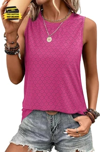 Womens Tank Tops Eyelet Loose Casual Summer Tops Crew Neck Basic Sleeveless Shir - Picture 1 of 6