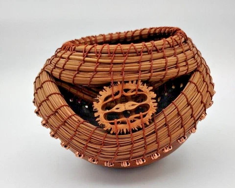 Handmade Pine Needle & Gourd Basket, Bronze Rose Bead Trim Cactus Rib Red Thread Cover