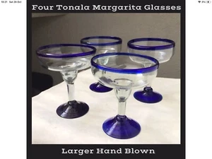 Mexico Margarita Glasses Set of Four Hand Blown Blue Trim Classic Design Unique - Picture 1 of 7