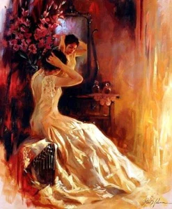 Handgemaltes Ölgemälde Die Frau sitzt vor dem Spiegel Hochwertig - Bild 1 von 7