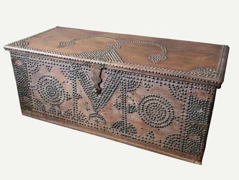 19th Century Teak Brass Studded Zanzibar Chest Antique Shirazi Omani Dowry Trunk Cover
