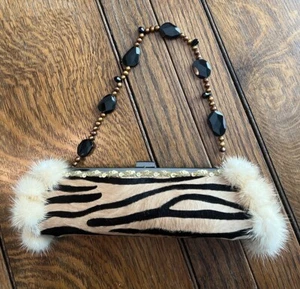 Rare Kelly Kathleen Tiger Stripe Fur Clutch Handbag Purse Beaded Strap Vintage - Picture 1 of 12
