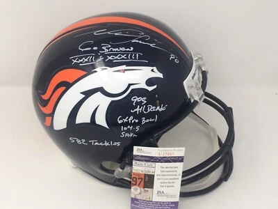 Casco de fútbol americano firmado por Neil Smith Denver Broncos F/S inscripciones certificado de autenticidad JSA automático Foto 1 de 4