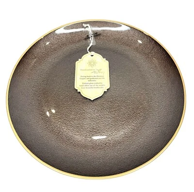 Turkish Glass 4 Entree Dinner Plates Set Brown Textured Gold Rim 11" NWT - Image 1 of 4