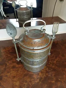 Antique Brass Silver Plate Bento Box Stacked Lunch Pail Turkish 3 Tier - Picture 1 of 12