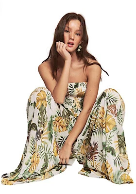 Damen Empire-Taille Palazzo Weites Bein Bandeau-Ausschnitt Blattmuster 828 - Bild 1 von 4