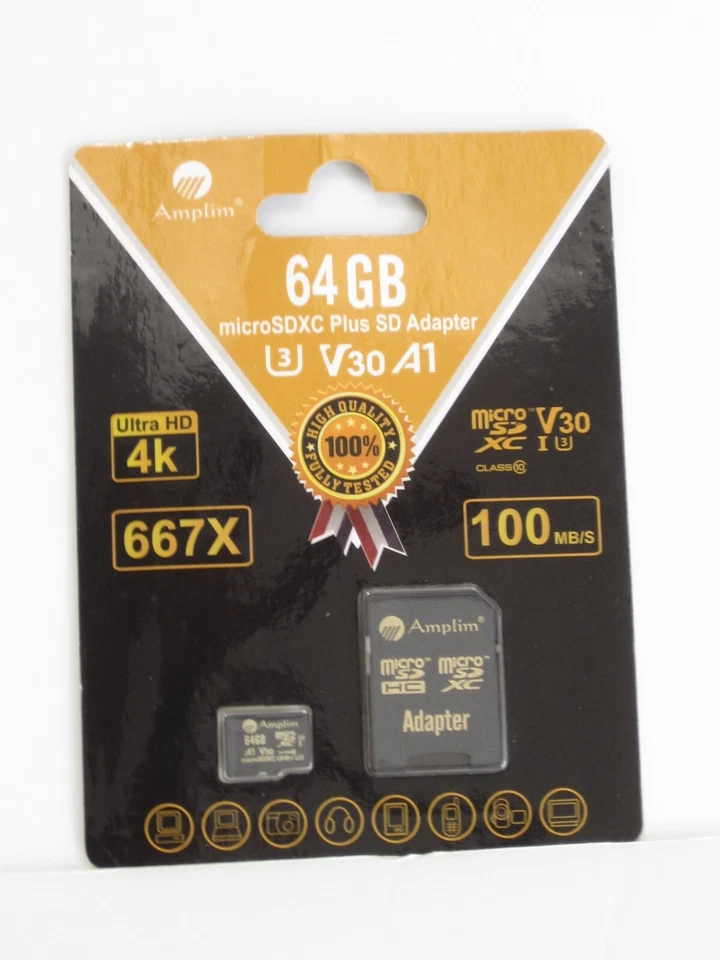 全新/ Amplim 64GB MicroSDXC UHS-I U3 A1 V30 级 10/ 100 MB/S 超高清 4K/ 黑色 — 第 1/2 张图片