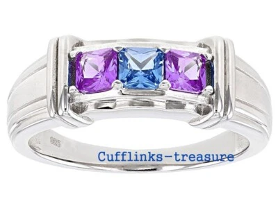 Anillo de plata de ley 925 con piedras preciosas de topacio azul y amatista natural para hombre #220 Foto 1 de 4