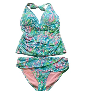 Lilly Pulitzer Womens Sz 12 Bliss Halter Tankini Swimsuit Set Blue Preppy Resort - Picture 1 of 16