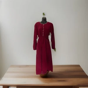 Vtg FADS Red Corduroy Modest Pin Tuck Dress Holidays Belted Womens 12 N1 - Picture 1 of 8