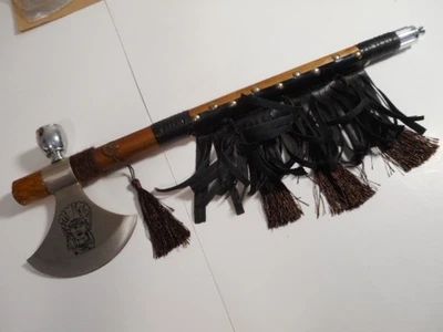 Antique Native American Peace Pipe Tomahawk Heads 19" Axe Leather Fringe - Image 1 of 4