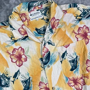 Columbia Camp Shirt Mens Large Yellow Floral Silk Loop Collar Fishing Beach - Picture 1 of 10