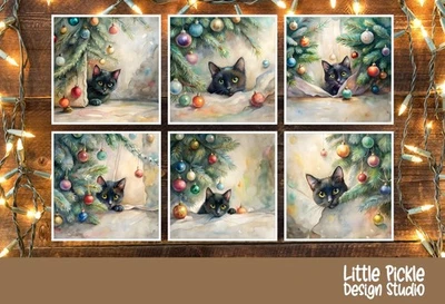 LITTLE PICKLE DESIGN STUDIO Christmas Black Cats Card Toppers for Handmade Cards ATC x 6 Making Craft