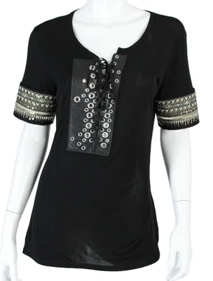 Top con cordones bordado dorado con ribete de cuero crepé negro JEAN PAUL GAULTIER 42 Foto 1 de 4