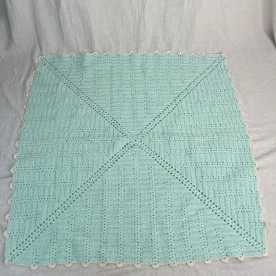 Handmade Crochet Knit Baby Blanket Teal Green Scalloped Edges Amazing Details!! - Image 1 of 4