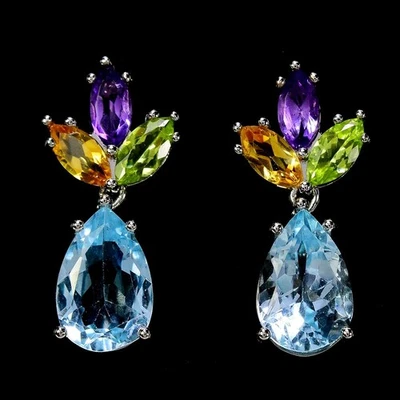 REAL SKY BLUE TOPAZ AMETHYST CITRINE PERIDOT STERLING 925 SILVER EARRING - Image 1 of 4