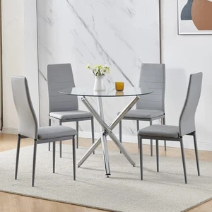Modern Round Glass Dining Table Set with 4 Grey Leather Chairs Small Space - Picture 1 of 12