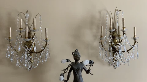 Antique PAIR Bronze Brass Crystal 5 Light French Wall Sconces Candelabra 24” Cover