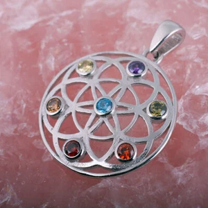 7 Chakra Blume des Lebens Anhänger 925 Silber Mandala Amulett Rainbow Reiki neu - Bild 1 von 3