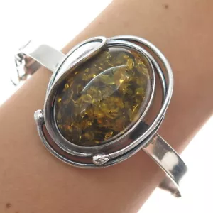 925 Sterling Silver Vintage LL Poland Real Amber Modernist Bangle Bracelet 6.5" - Picture 1 of 9