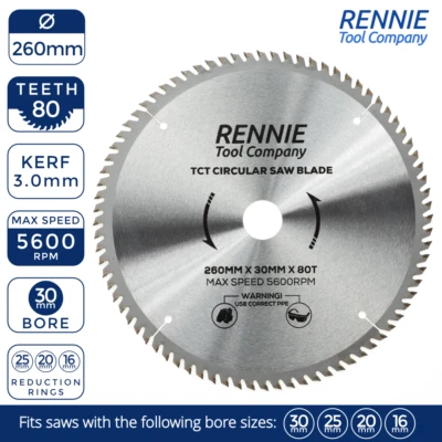 RENNIE TOOL COMPANY 260 mm x 30 mm x 80T TCT Kreis Holzsägeblatt für Bosch, Makita, Dewalt, Gehrung