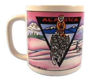 Alaska Coffee Mug Man on Dog Sled Pack Of Dogs Snow Purple Blue Colorful (O) - Picture 1 of 6