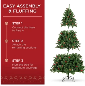 6FT Christmas Tree Metal Stand holly berry pine cone 6white/6yellow/6red ball - Picture 1 of 9