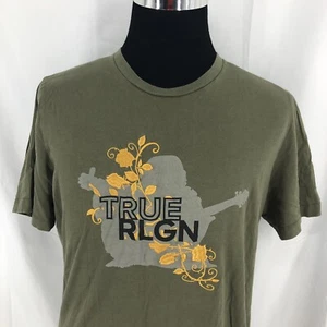 True Religion Olive Buddha Guitar Embroidered Gold Floral Vines T Shirt XL - Picture 1 of 5