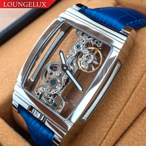 Herren Silber Brücke Hand Mechanische Uhr - Blau Lederarmband Geschenk - Bild 1 von 12
