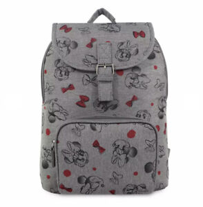 Disney Park Minnie Mouse Print mini Backpack Grey Color With Red And Black Bows