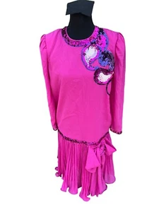 Vintage 80s Sylvia Ann Dress Fuchsia Pink Sequins Satin Chiffon Women Size 10 - Picture 1 of 8