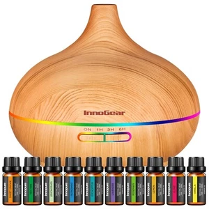 InnoGear Aromatherapy Diffuser & 10 Essential Oils Set, 400ml Yellow Wood Grain - Picture 1 of 10
