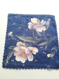 Vintage Womens Handkerchief Floral Blue 11x11 Scalopped Edges Shanghai - Picture 1 of 7