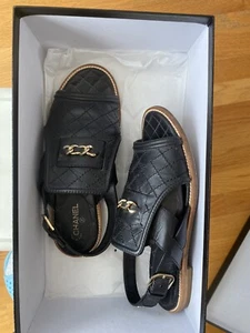 CHANEL Quilted Black Leather Sandals size 37 - Picture 1 of 8